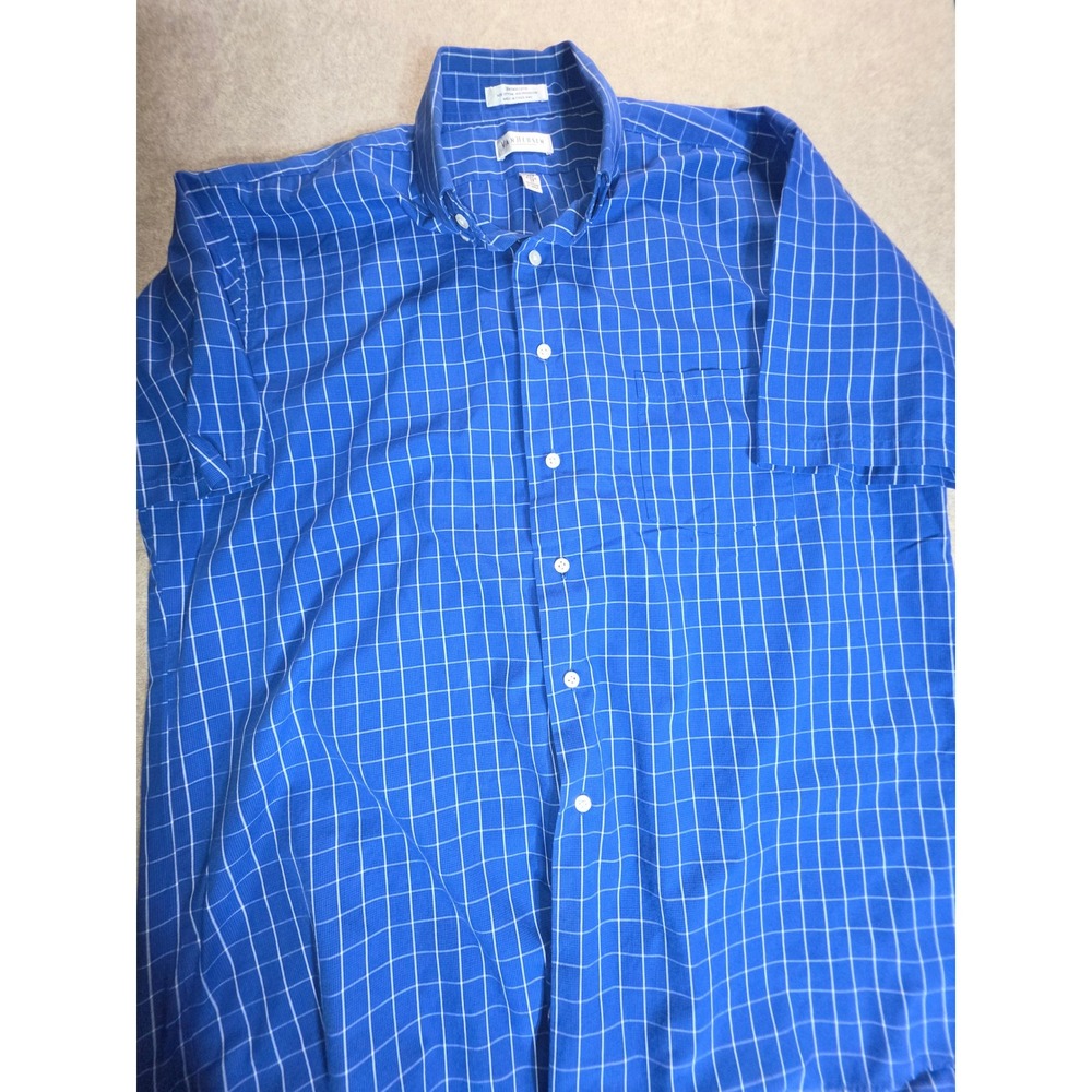Van‎ Heusen Mens XL Blue White Windowpane Wrinkle Free Short Sleeve Button Down